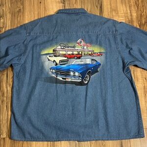 Classic Car Collection Vintage Car Chevrolet Diner Graphic Denim Shirt Sz L